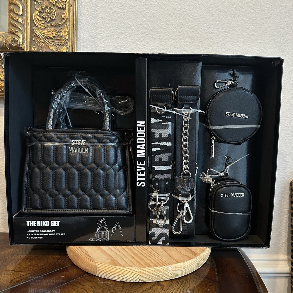 Steve Madden The Niko Set Black Quilted Crossbody Bag Purse Gift Box 5 Piece New